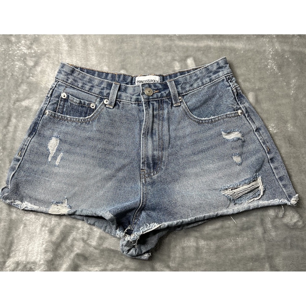 Princess Polly Shorts Women Size 4 Distressed Blue Denim 100% Cotton
